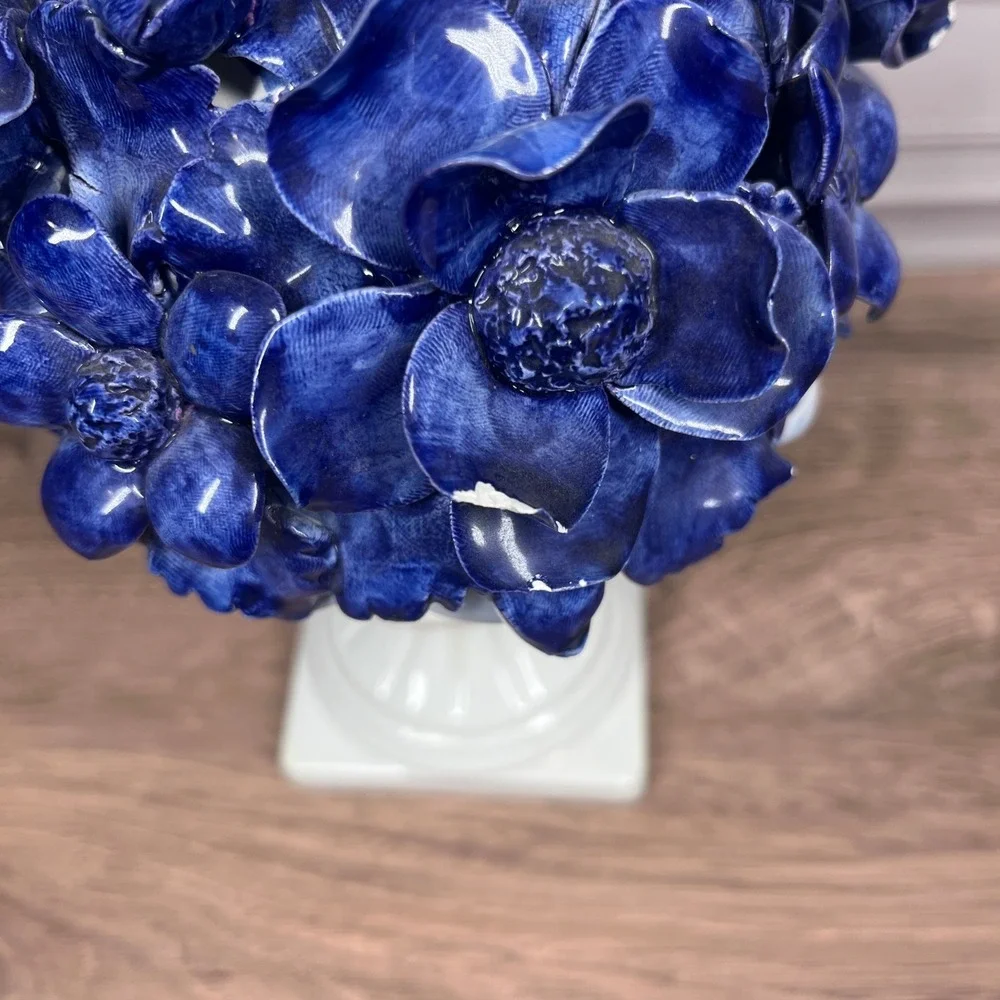 Italian Ceramic Floral Centerpiece Urn Blue White Roses Anemones Hand-Painted